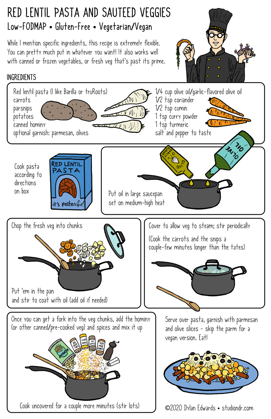 Recipe comic - red lentil pasta with sauteed vegetables