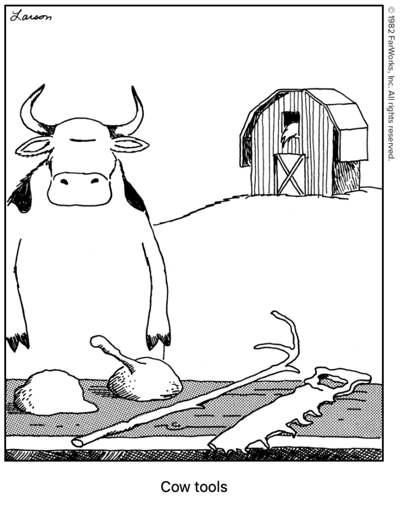 Description from Wikipedia of the "Cow Tools" Far Side comic by Gary Larson: "Cow tools" is a single-panel cartoon depicting a cow standing on its hind legs at a table, with a barn in the background. On the table are four objects: one resembles a crude hand saw, while the others are more abstract. The caption bluntly reads, "cow tools".