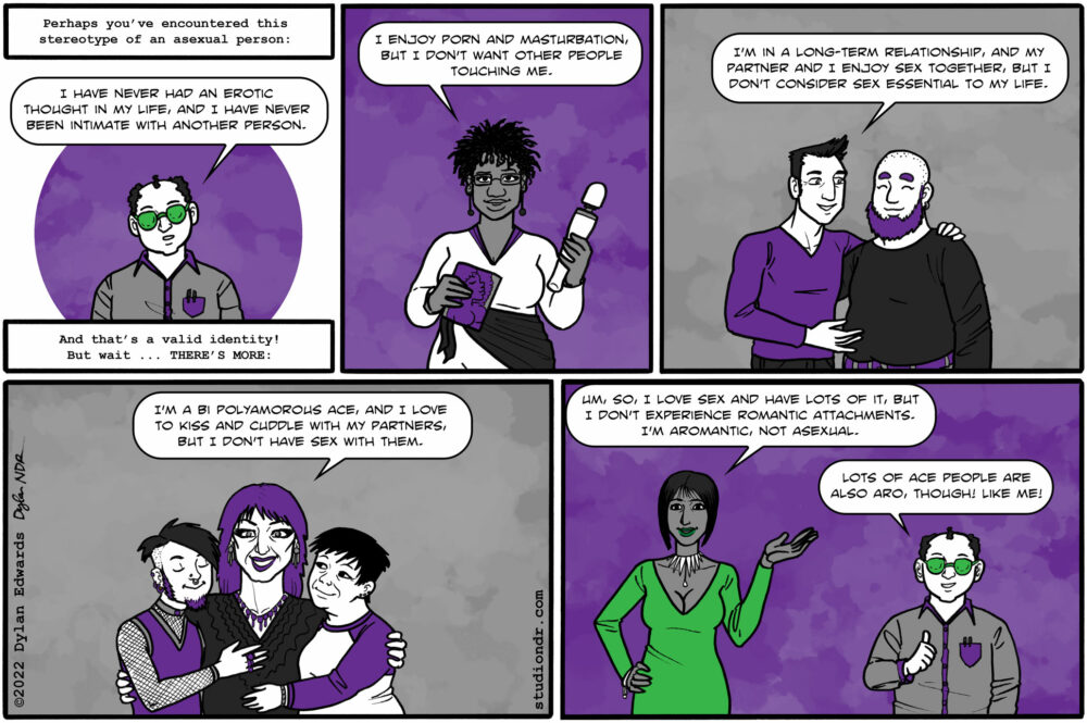 comic by Dylan Edwards about variations on asexuality and the difference between aromantic and asexual identity